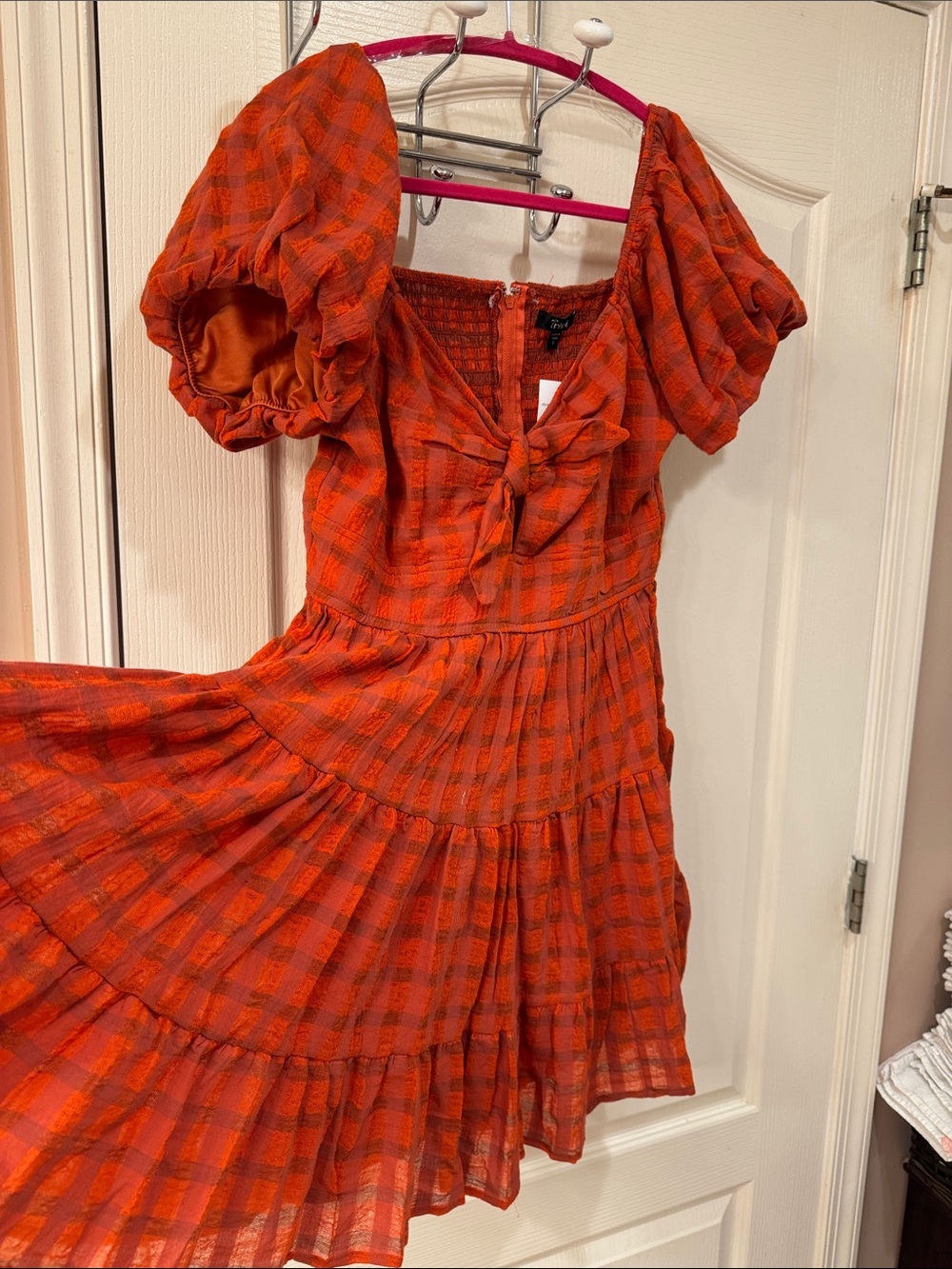 Rust Orange Plaid Puff Sleeve Tie-Front Mini Dress L NWT